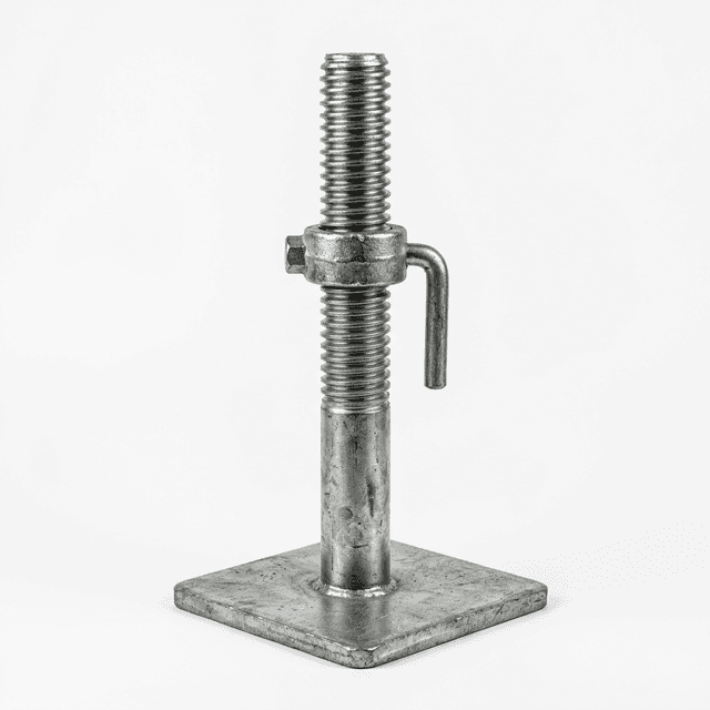 Scaffold base jack supporting an aluminium scaffold assembly