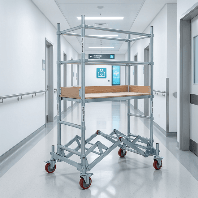 Mobile aluminium scaffold used in indoor maintenance context