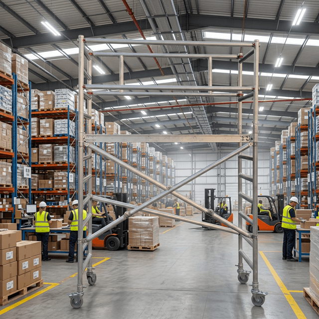 Mobile scaffold tower assembled in a warehouse context for an Australia trade-risk update