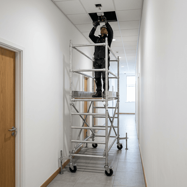 Single width scaffold tower used in a narrow corridor access scenario