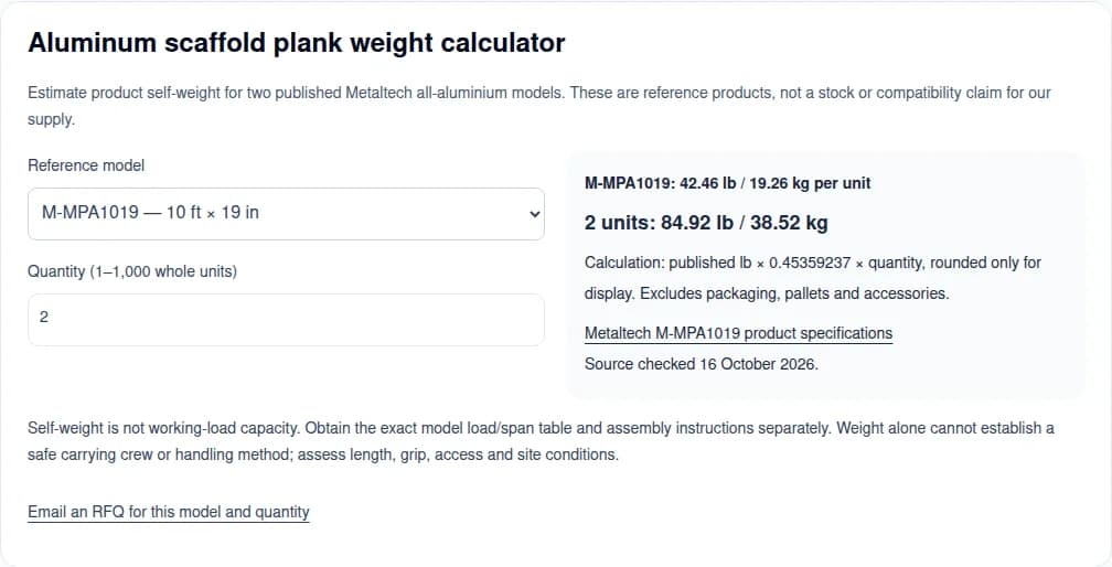 Scaffold platform weight calculator showing two M-MPA1019 units at 84.92 lb or 38.52 kg