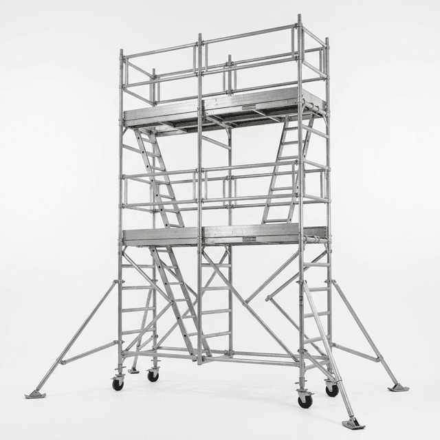 Double width aluminium scaffold tower assembled with larger working platform