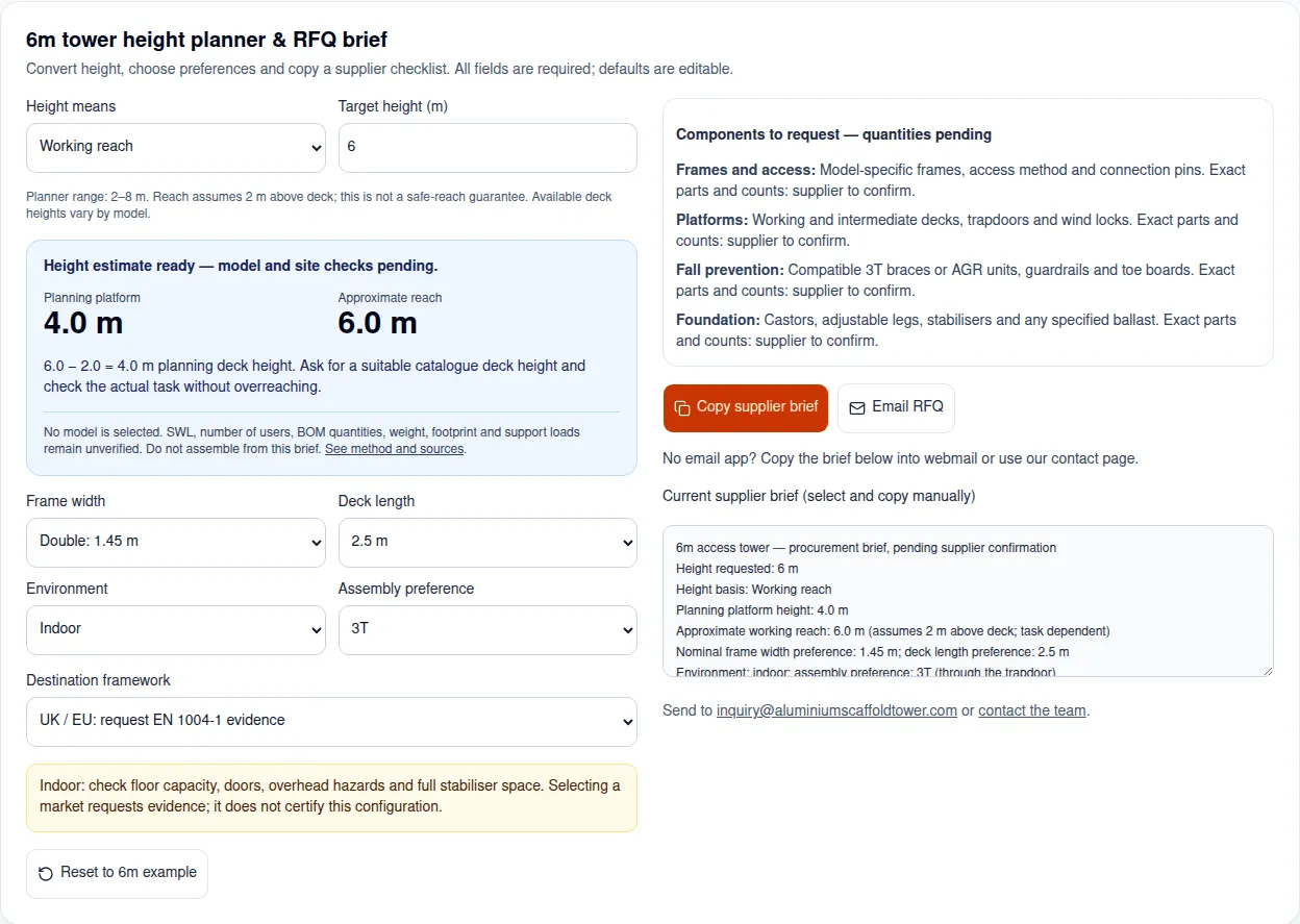 6m access tower planner execution showing a 4.0m planning platform, 6.0m reach and the supplier evidence checklist